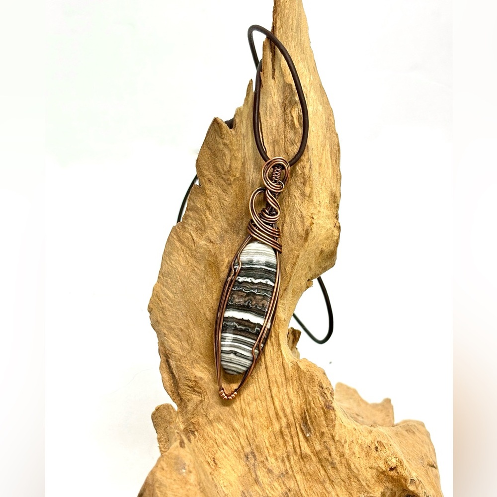 HAND CRAFTED Phantom Calcite Wire Wrapped Copper Adjustable Leather Necklace